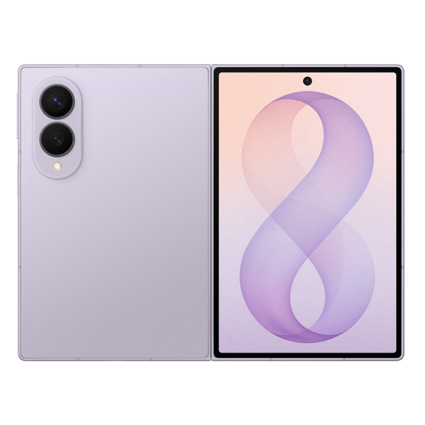 Purple foldable tablet showing front display on the right and a dual rear camera on the left when folded closed on a white background.