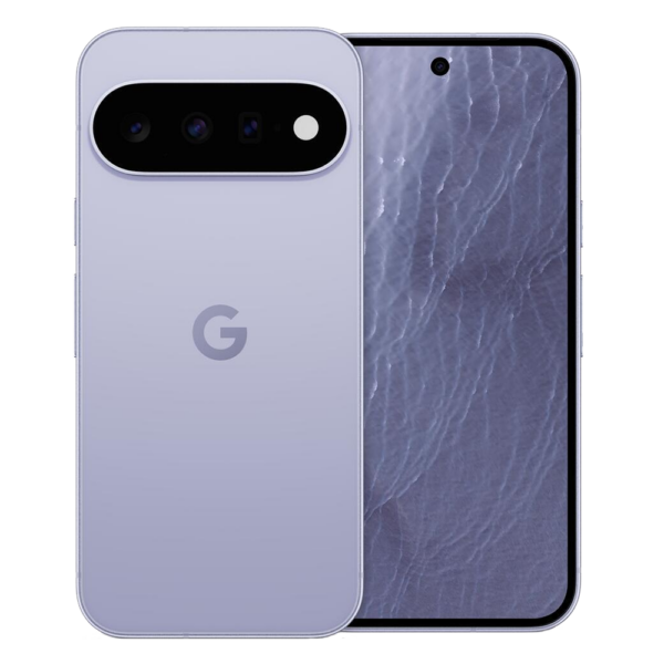 Lavender smartphone with a matching lavender case, rear multi-lens camera bar visible on the back and the front screen peeking from behind.