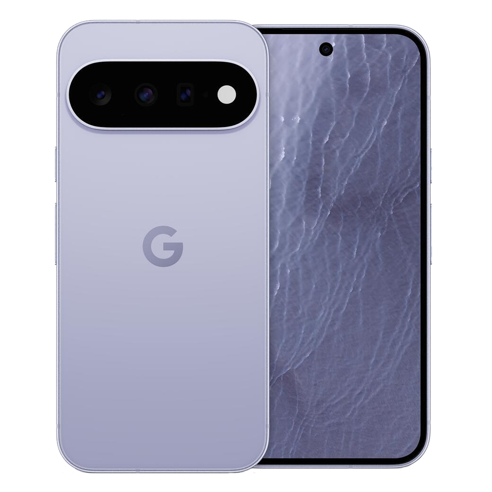 Lavender smartphone with a matching lavender case, rear multi-lens camera bar visible on the back and the front screen peeking from behind.