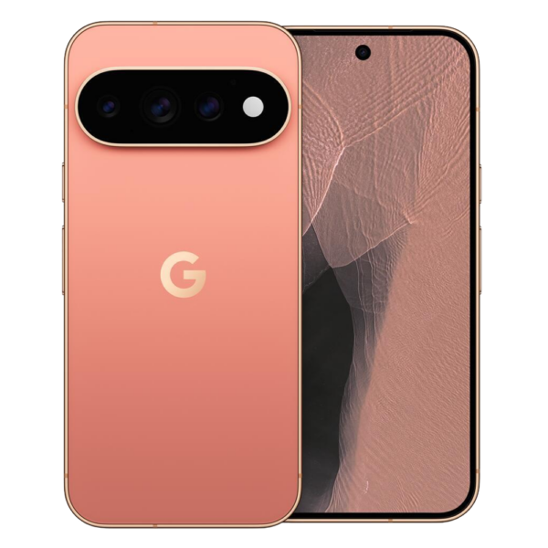 Rose gold Google Pixel phone, shown from back with a horizontal triple-camera bar and prominent 'G' logo, beside a nearly edge-to-edge front display.