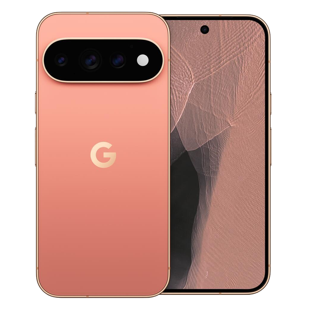 Rose gold Google Pixel phone, shown from back with a horizontal triple-camera bar and prominent 'G' logo, beside a nearly edge-to-edge front display.