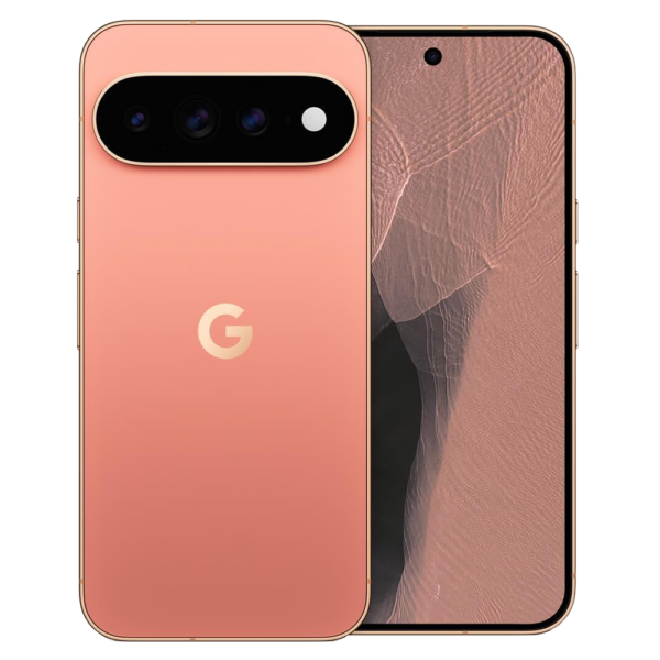 Front and back view of a pink Google smartphone with a rounded pill-shaped camera bar on the back and a large G logo nearby.