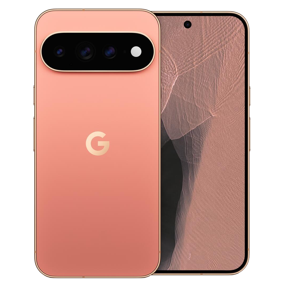 Front and back view of a pink Google smartphone with a rounded pill-shaped camera bar on the back and a large G logo nearby.