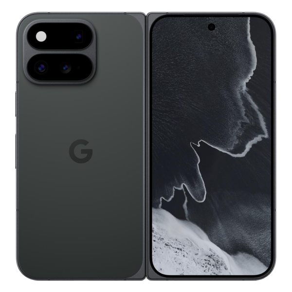 Front and back view of a dark gray Google Pixel smartphone showing its dual rear cameras and centered G logo on the back cover.