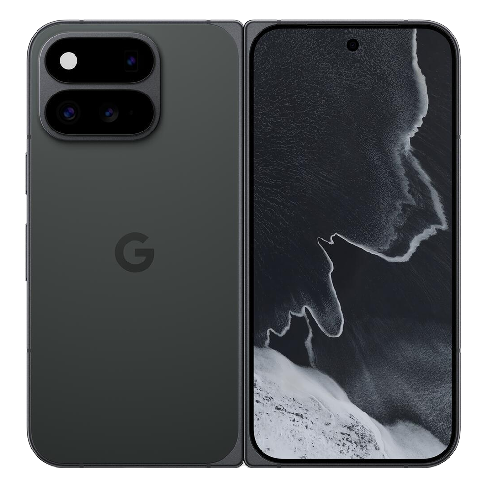 Front and back view of a dark gray Google Pixel smartphone showing its dual rear cameras and centered G logo on the back cover.