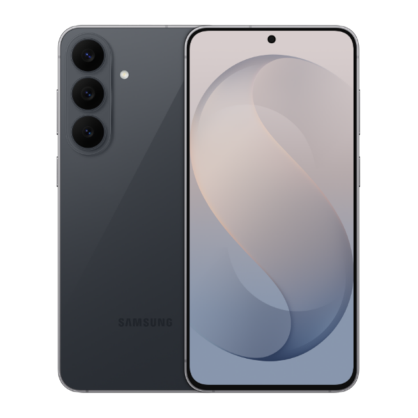 Samsung smartphone with triple rear cameras and a large edge-to-edge display in dark gray/black.