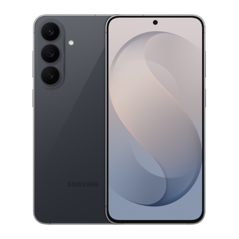 Samsung smartphone with triple rear cameras and a large edge-to-edge display in dark gray/black.