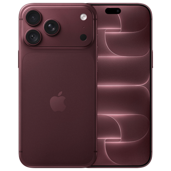 Rear and front views of a burgundy iPhone showing its triple-camera system and Apple logo on the back edge-to-edge screen on the front