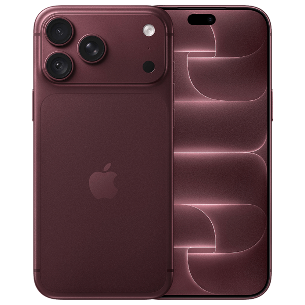 Rear and front views of a burgundy iPhone showing its triple-camera system and Apple logo on the back edge-to-edge screen on the front